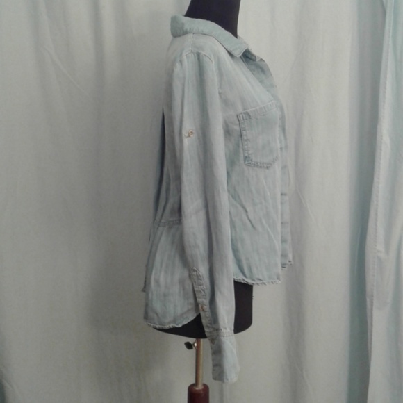 Elevenses XS Chambray button front shirt hi-low Tab Sleeves Pockets Blue Tencel - Picture 6 of 8